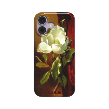 A Magnolia on Red Velvet by Martin Johnson Heade phone case showing a luminous white magnolia bloom with deep green leaves against rich red velvet drapery on a warm amber background, phone case by Caselier — snap case, front view