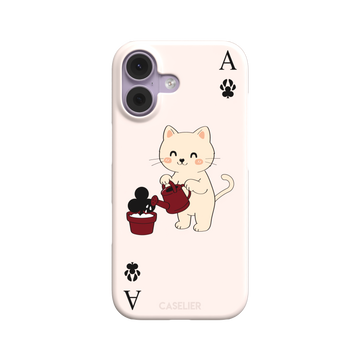 Ace of Clubs phone case in blush pink featuring a kawaii kitten watering a clubs-suit plant with paw print card symbols, phone case by Caselier — snap case, front view