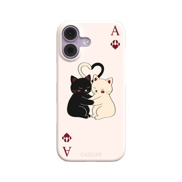 Ace of Hearts phone case in blush pink with a hugging black and white cat duo and crimson paw-print suit symbols, phone case by Caselier — snap case, front view