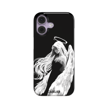 Black phone case featuring a white illustrated angel with flowing hair, large feathered wings and a glowing halo on a dark background — snap case, front view
