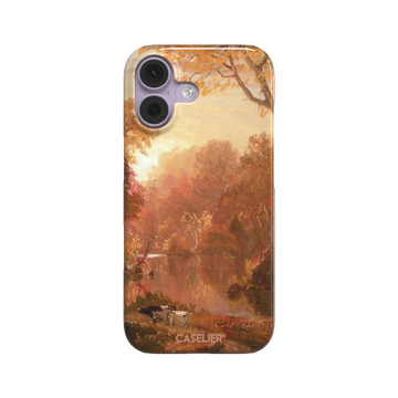 Autumn in North America by Frederic Edwin Church phone case showing a golden amber and rose-toned fall forest landscape with a still river reflection and cattle on the bank, phone case by Caselier — snap case, front view