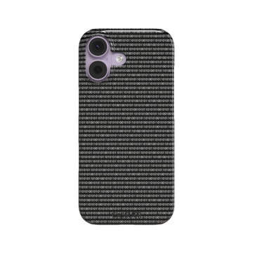 Black phone case covered in dense rows of white binary code digits on a dark background, phone case by Caselier — snap case, front view