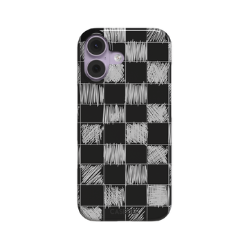 Black phone case with a checkerboard pattern where alternating squares are filled with rough white chalk-scrawl hatching lines, phone case by Caselier — snap case, front view