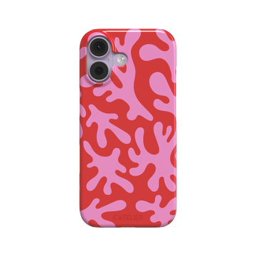 Coral Reef phone case in red and bubblegum pink with an all-over branching coral abstract pattern, phone case by Caselier — snap case, front view