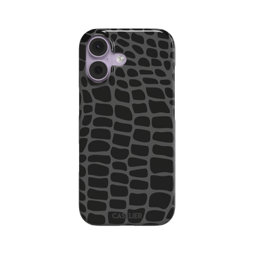 Crocodile phone case in black and dark grey croc-scale pattern, phone case by Caselier — snap case, front view