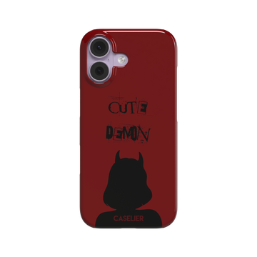 Cute Demon phone case in deep red with black devil-horned silhouette and distressed Cute Demon text, phone case by Caselier — snap case, front view
