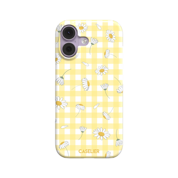 Daisies phone case with soft yellow gingham pattern and scattered white daisy illustrations with golden centres, primary product shot, phone case by Caselier — snap case, front view | Caselier