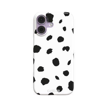 Dalmatian phone case with irregular black spots on a white background, phone case by Caselier — snap case, front view