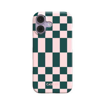 Elonged Checkers phone case in deep teal and blush pink large-scale checkerboard pattern, snap case style, rear view on white background, phone case by Caselier - snap case, front view | Caselier