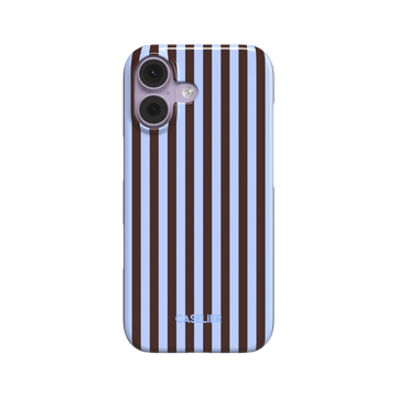 Fine Stripes phone case in periwinkle blue and deep brown vertical stripe pattern, glossy finish, phone case by Caselier - snap case, front view | Caselier