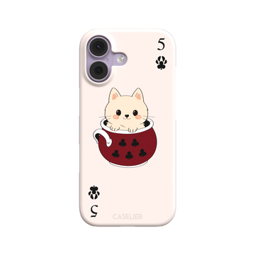 Five of Clubs phone case in pink variant featuring the same kawaii kitten in a dark red teacup with paw print club suits and playing card layout, phone case by Caselier — snap case, front view