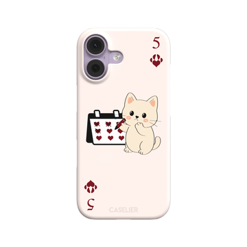 Five of Hearts Paw Decks phone case in blush pink, featuring a kawaii cream kitten marking hearts on a calendar with paw-print suit symbols and number five corners, phone case by Caselier — snap case, front view