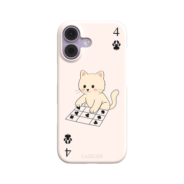 Four of Clubs phone case in blush pink with a kawaii kitten sitting on a grid of club suit symbols and a numeral four in each corner, phone case by Caselier — snap case, front view