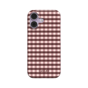 Gingham plaid check pattern in soft blush pink and deep burgundy, evenly spaced grid design on a glossy phone case by Caselier - snap case, front view | Caselier