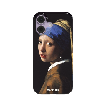 Girl with a Pearl Earring by Johannes Vermeer, showing the young woman in a blue and gold turban against a black background with a pearl earring, phone case by Caselier — snap case, front view