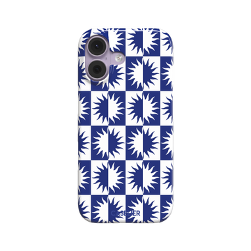 Half-Sun phone case in navy blue and white checkerboard pattern with repeating jagged sun motifs, phone case by Caselier — snap case, front view