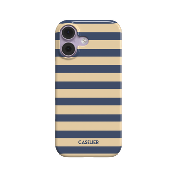 Glossy phone case with bold horizontal stripes alternating between deep navy blue and sandy nude, Breton-inspired pattern, phone case by Caselier - snap case, front view | Caselier