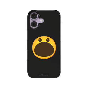 Hungry phone case featuring a bold yellow wide-mouthed screaming emoji on a matte black background, phone case by Caselier — snap case, front view