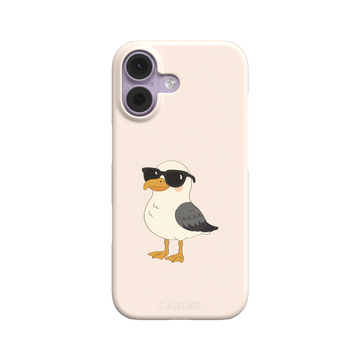 James Mc'Cool phone case featuring a chubby cartoon seagull wearing black sunglasses on a soft cream background, phone case by Caselier — snap case, front view