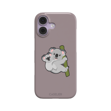 Mauve phone case with a kawaii illustration of a mama koala and baby joey clinging to a green eucalyptus branch, phone case by Caselier — snap case, front view