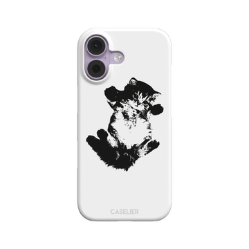 White phone case with a bold black-and-white ink-style illustration of a fluffy kitten lying on its back with paws raised, phone case by Caselier — snap case, front view