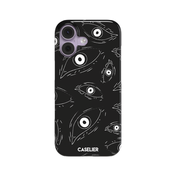 Paranoia phone case in black with all-over white hand-drawn staring eyes and sharp angular lashes, phone case by Caselier — snap case, front view