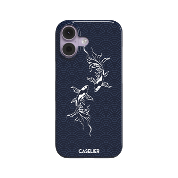 Playful Fishies phone case featuring two white koi fish in line-art style on a deep navy Japanese seigaiha wave pattern, phone case by Caselier — snap case, front view