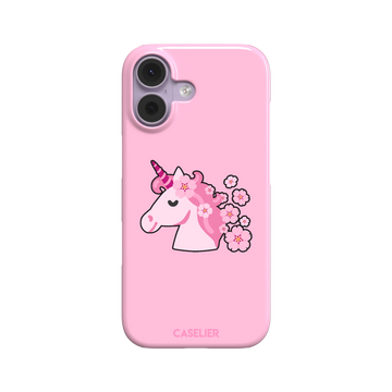 Pink phone case featuring a cute cartoon unicorn with a striped horn and a cherry blossom-filled mane on a bubblegum pink background, phone case by Caselier — snap case, front view