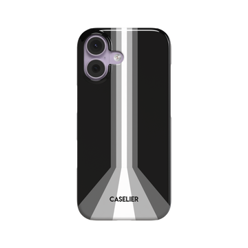 Prism Grayscale phone case with converging white and grey stripes on a deep black background, geometric monochrome pattern, phone case by Caselier - snap case, front view | Caselier