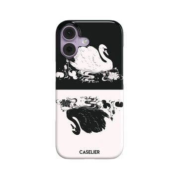 Reflection phone case showing a white swan on a black upper half mirrored by a black swan on a cream lower half, surrounded by lotus flowers and swirling water in ink illustration style — snap case, front view