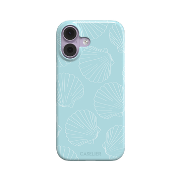 Mint blue phone case with white line-art scallop shells scattered in an all-over pattern, front view, phone case by Caselier — snap case, front view