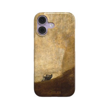 The Dog by Francisco de Goya phone case showing a lone dog emerging from a dark hillside against a vast golden ochre background, phone case by Caselier — snap case, front view