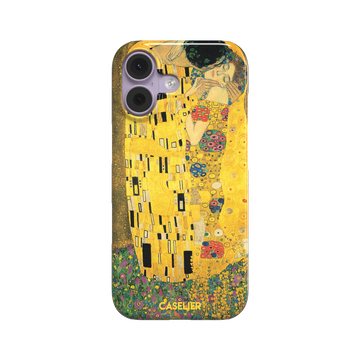 The Kiss by Gustav Klimt, showing the golden-robed embracing couple with floral and geometric Art Nouveau detail, phone case by Caselier — snap case, front view