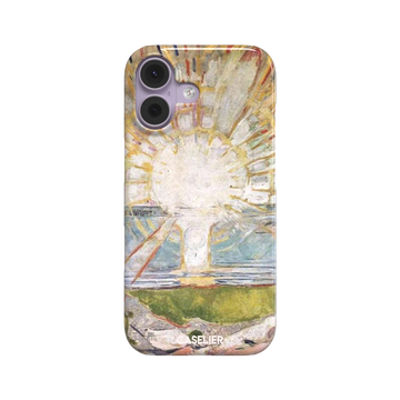 The Sun by Edvard Munch phone case showing a radiant white sun with golden rays over a teal and green landscape, expressionist painting style, phone case by Caselier — snap case, front view