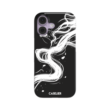 Thread of Life snap phone case in black with a fluid, ink-drawn thread dissolving into sweeping white brushstrokes against a deep black background. Front view, white background, phone case by Caselier