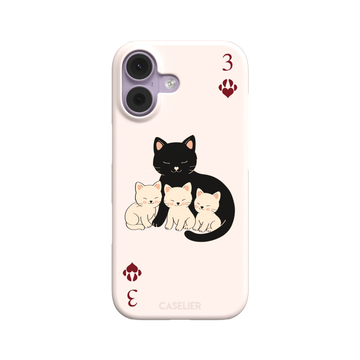 Three of Hearts phone case in blush pink with a black mother cat and three cream kittens in a playing card layout, dark red paw print suit markers, Paw Decks collection phone case by Caselier — snap case, front view