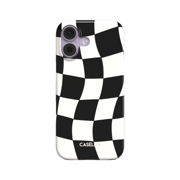 Warped checkerboard pattern phone case in black and white with a wavy, distorted grid effect, phone case by Caselier - snap case, front view | Caselier