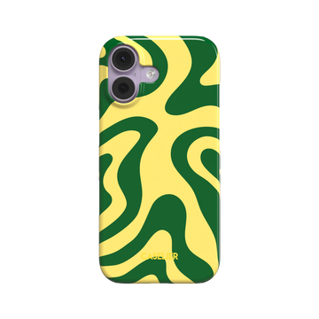 Wavey phone case in Green and Yellow, bold fluid swirl pattern with deep green ribbons on a lemon yellow background, glossy finish, phone case by Caselier - snap case, front view | Caselier