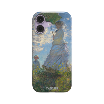 Woman with a Parasol by Claude Monet, showing a woman in a lavender dress holding a green parasol against a blue sky with a child in a wildflower field below — snap case, front view