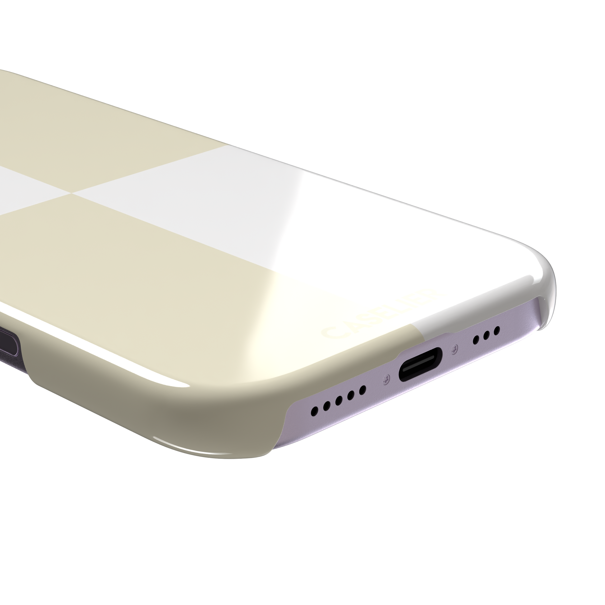 2x2 checkered phone case in soft cream and white with four large minimal squares, phone case by Caselier — snap case, charging port detail