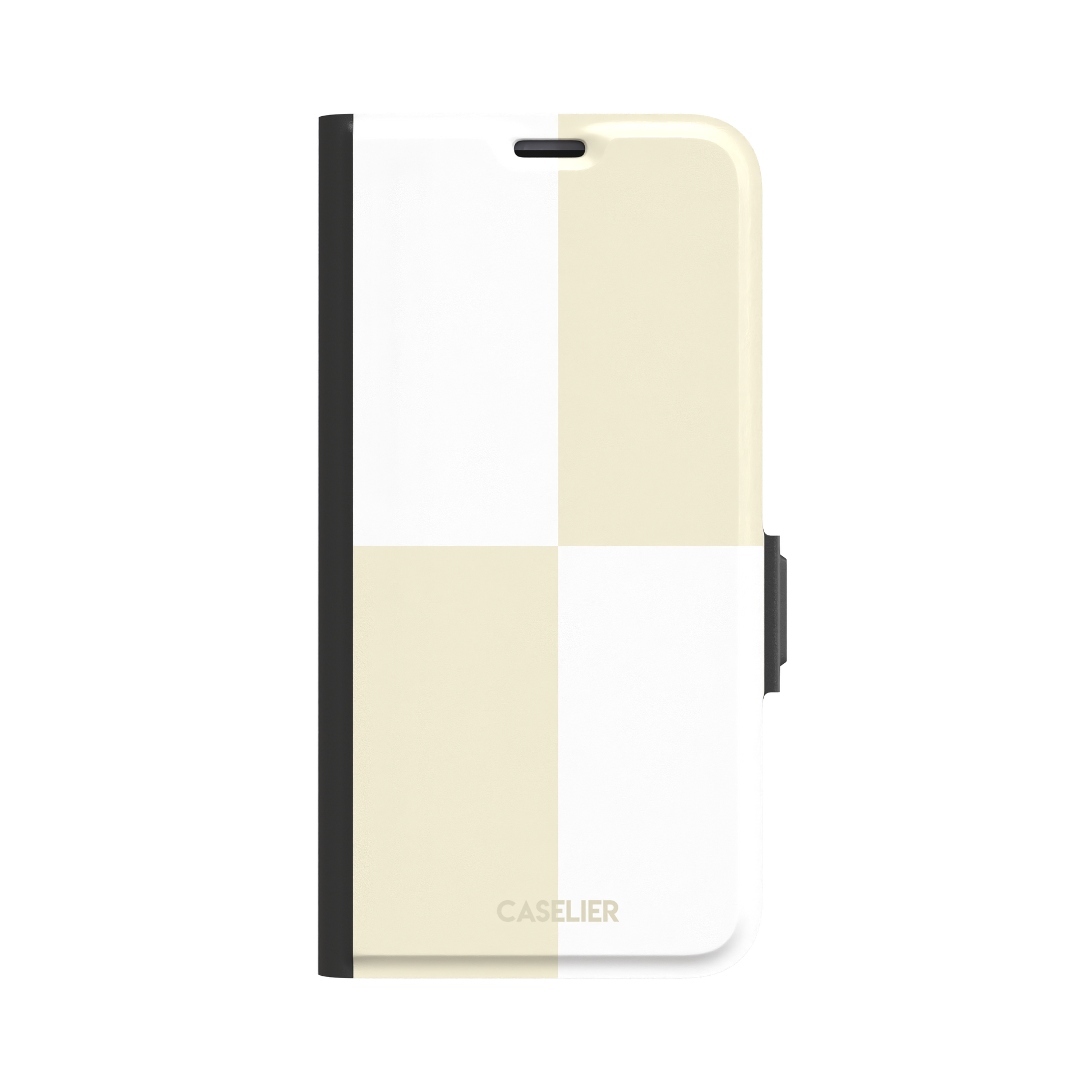 2x2 checkered phone case in soft cream and white with four large minimal squares, phone case by Caselier — wallet case, front view