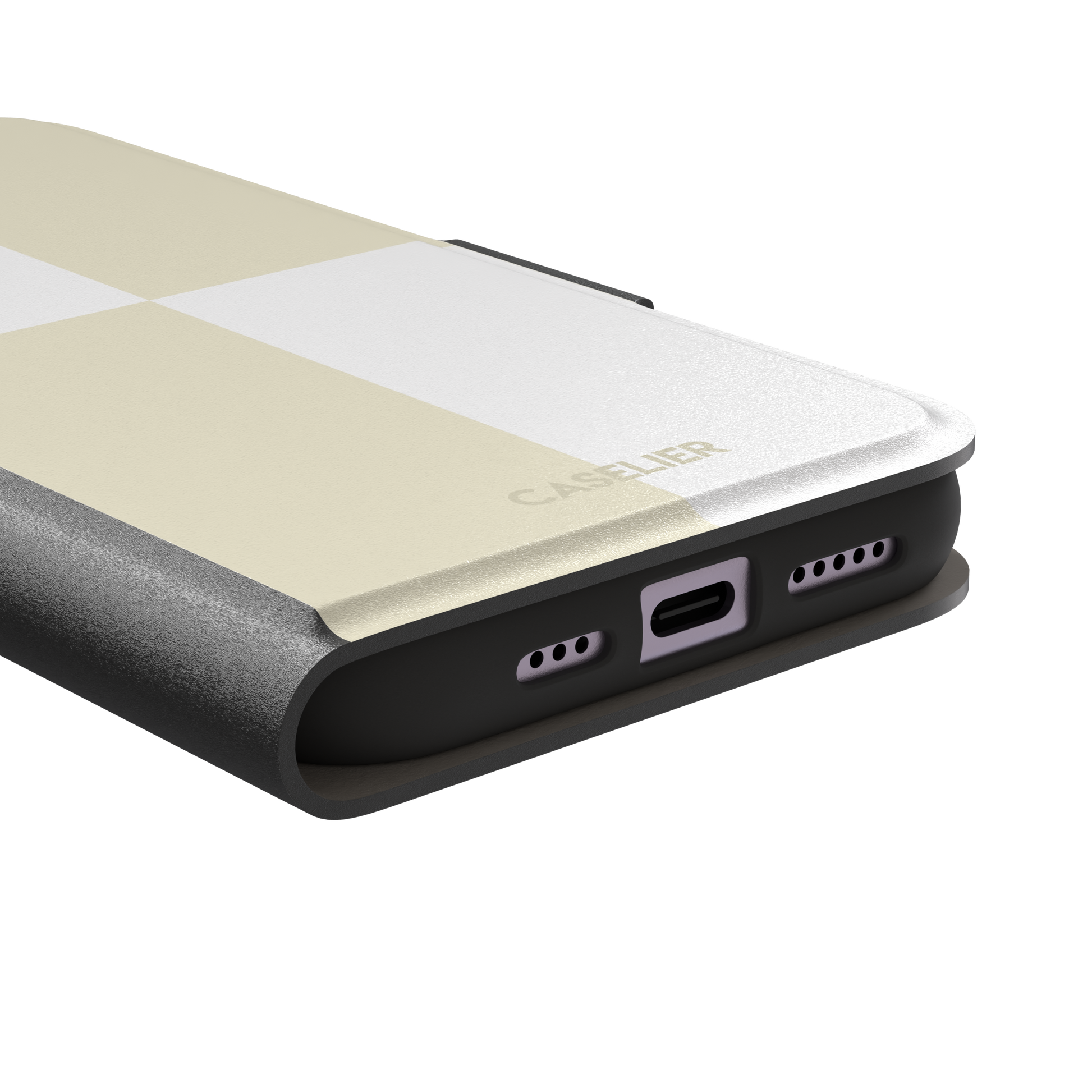 2x2 checkered phone case in soft cream and white with four large minimal squares, phone case by Caselier — wallet case, charging port detail