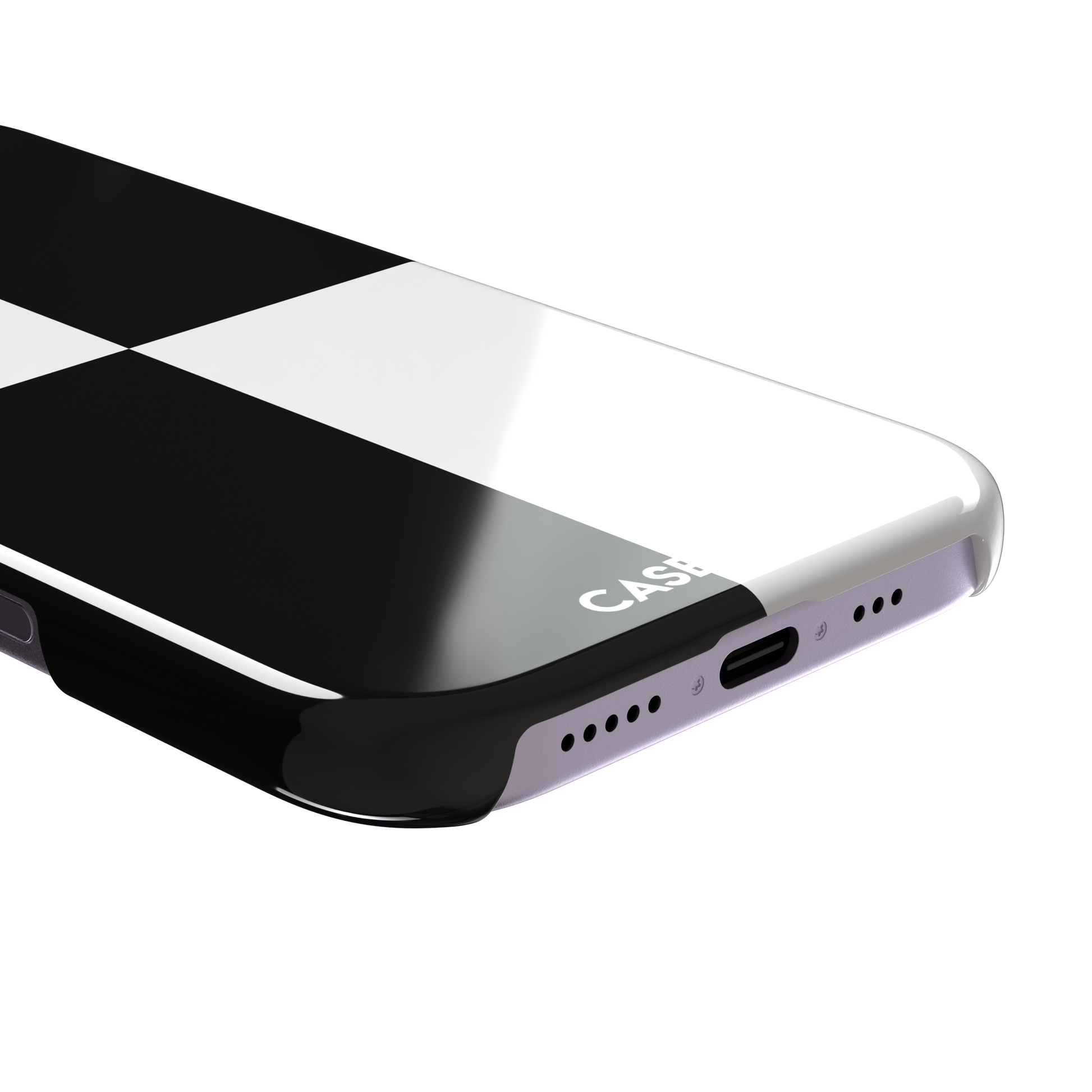 2x2 checkered phone case in black and white with four oversized graphic squares, phone case by Caselier — snap case, charging port detail