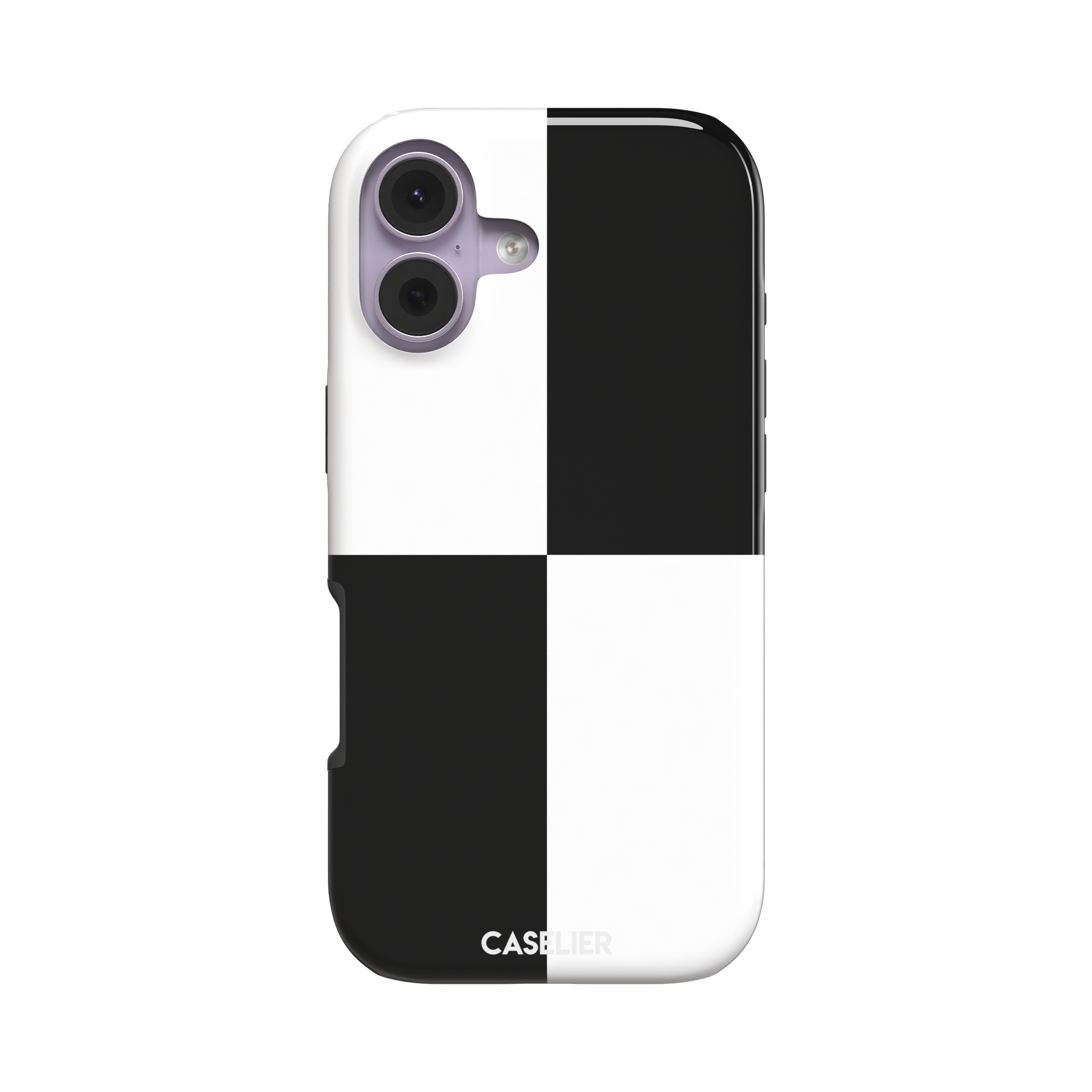 2x2 checkered phone case in black and white with four oversized graphic squares, phone case by Caselier — tough case, front view