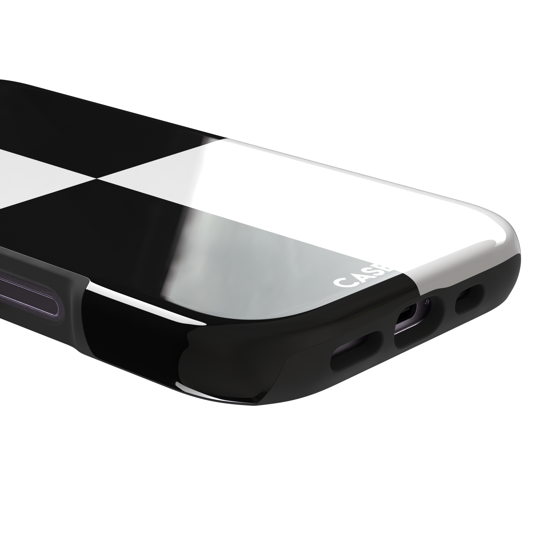 2x2 checkered phone case in black and white with four oversized graphic squares, phone case by Caselier — tough case, charging port detail