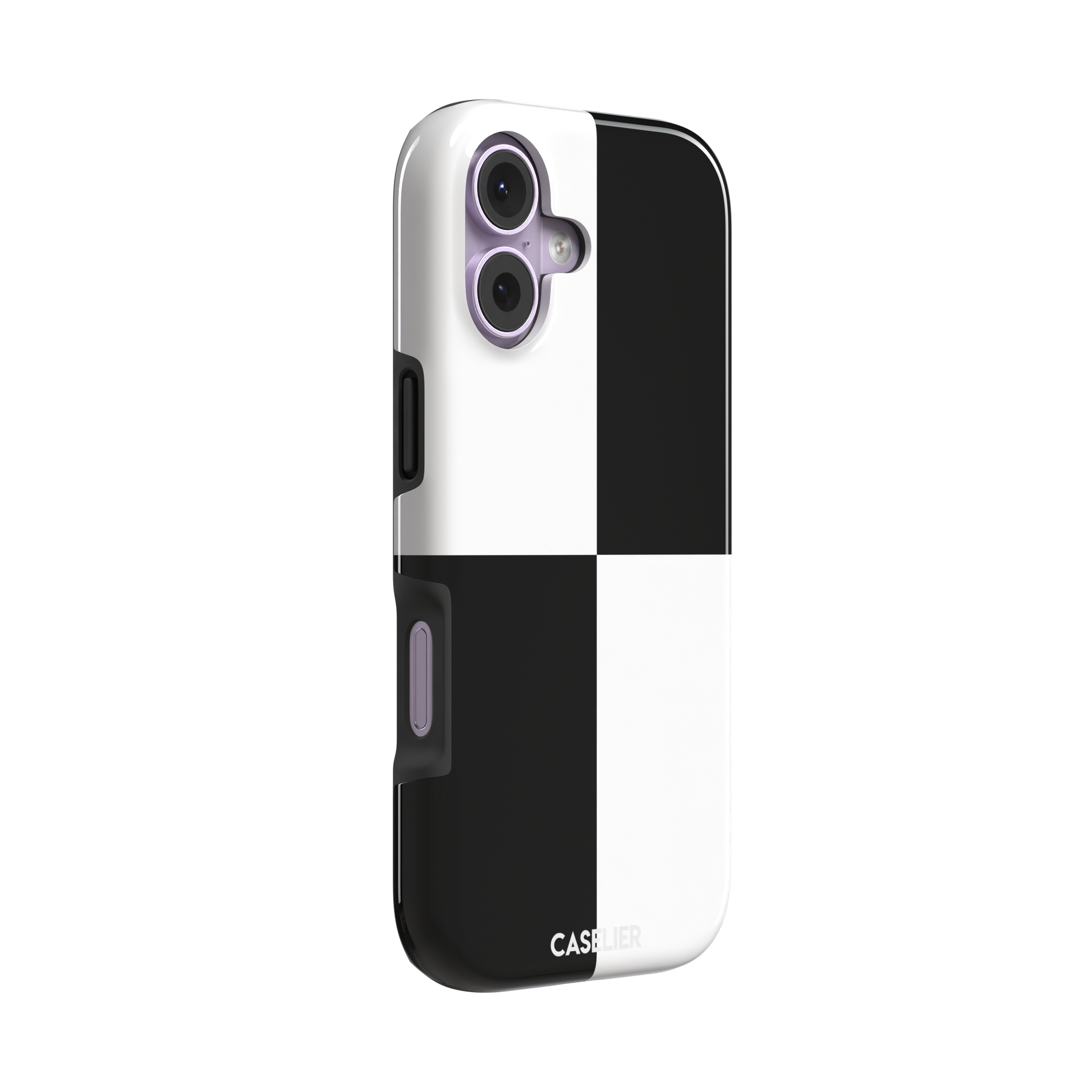 2x2 checkered phone case in black and white with four oversized graphic squares, phone case by Caselier — tough case, left view