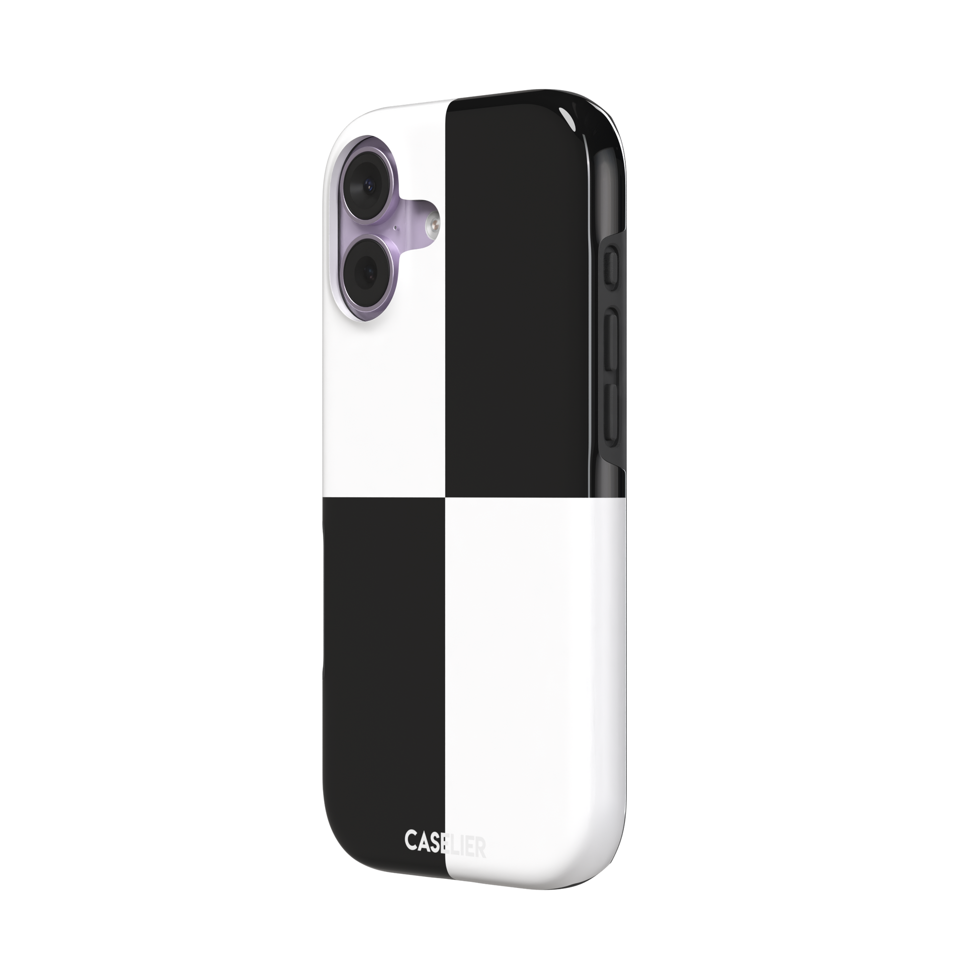 2x2 checkered phone case in black and white with four oversized graphic squares, phone case by Caselier — tough case, right view