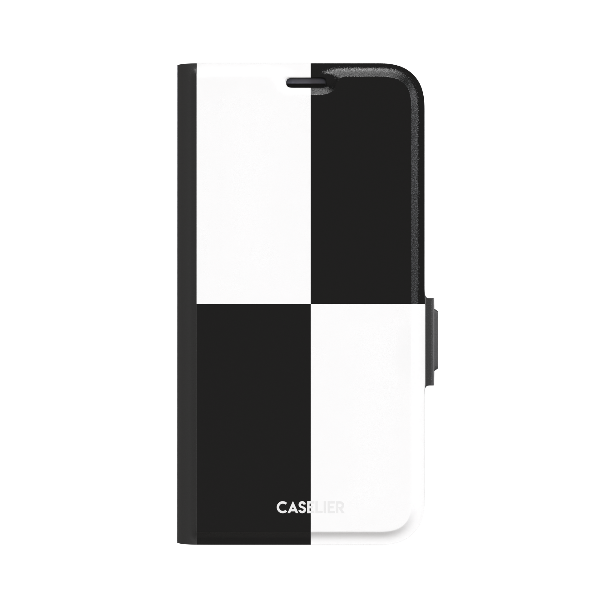2x2 checkered phone case in black and white with four oversized graphic squares, phone case by Caselier — wallet case, front view