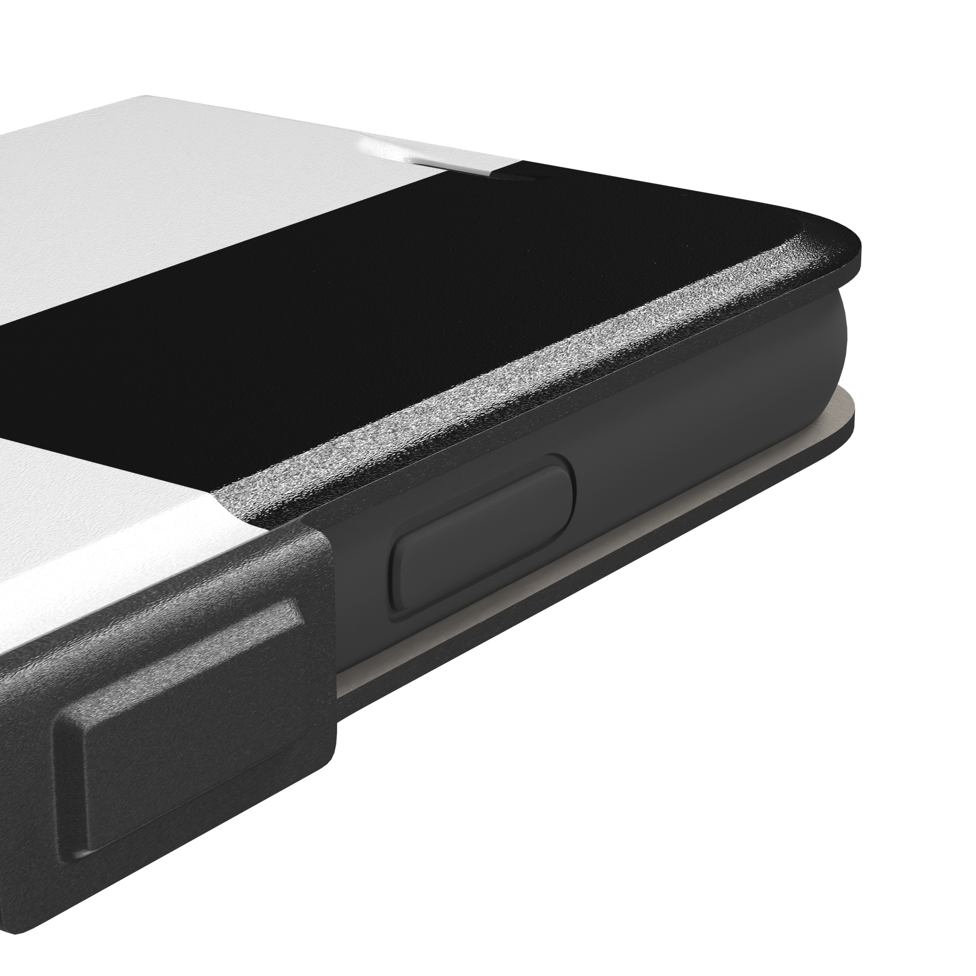 2x2 checkered phone case in black and white with four oversized graphic squares, phone case by Caselier — wallet case, volume buttons detail