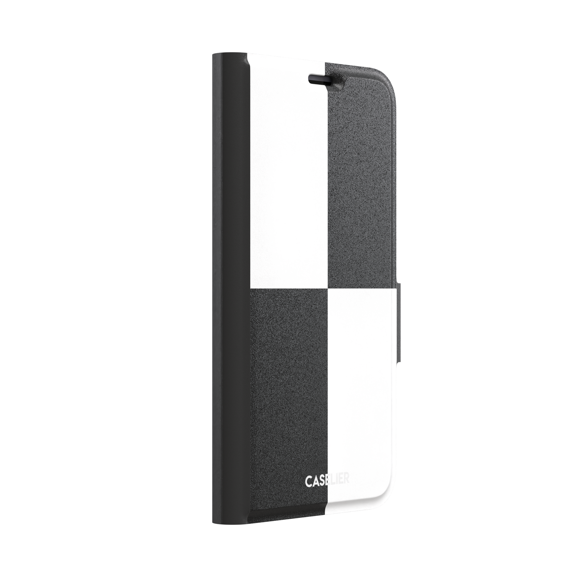 2x2 checkered phone case in black and white with four oversized graphic squares, phone case by Caselier — wallet case, left view
